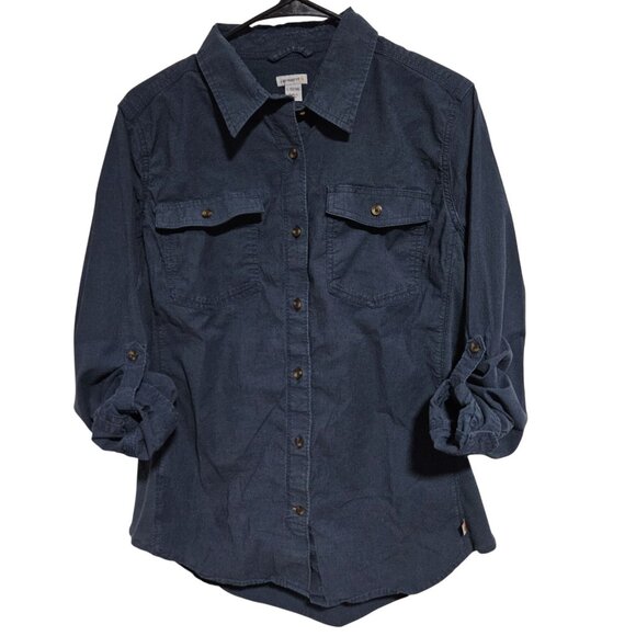 Carhartt Button Front Shirt Womens Size Large Teal Blue Roll Tab Sleeve - Picture 3 of 6